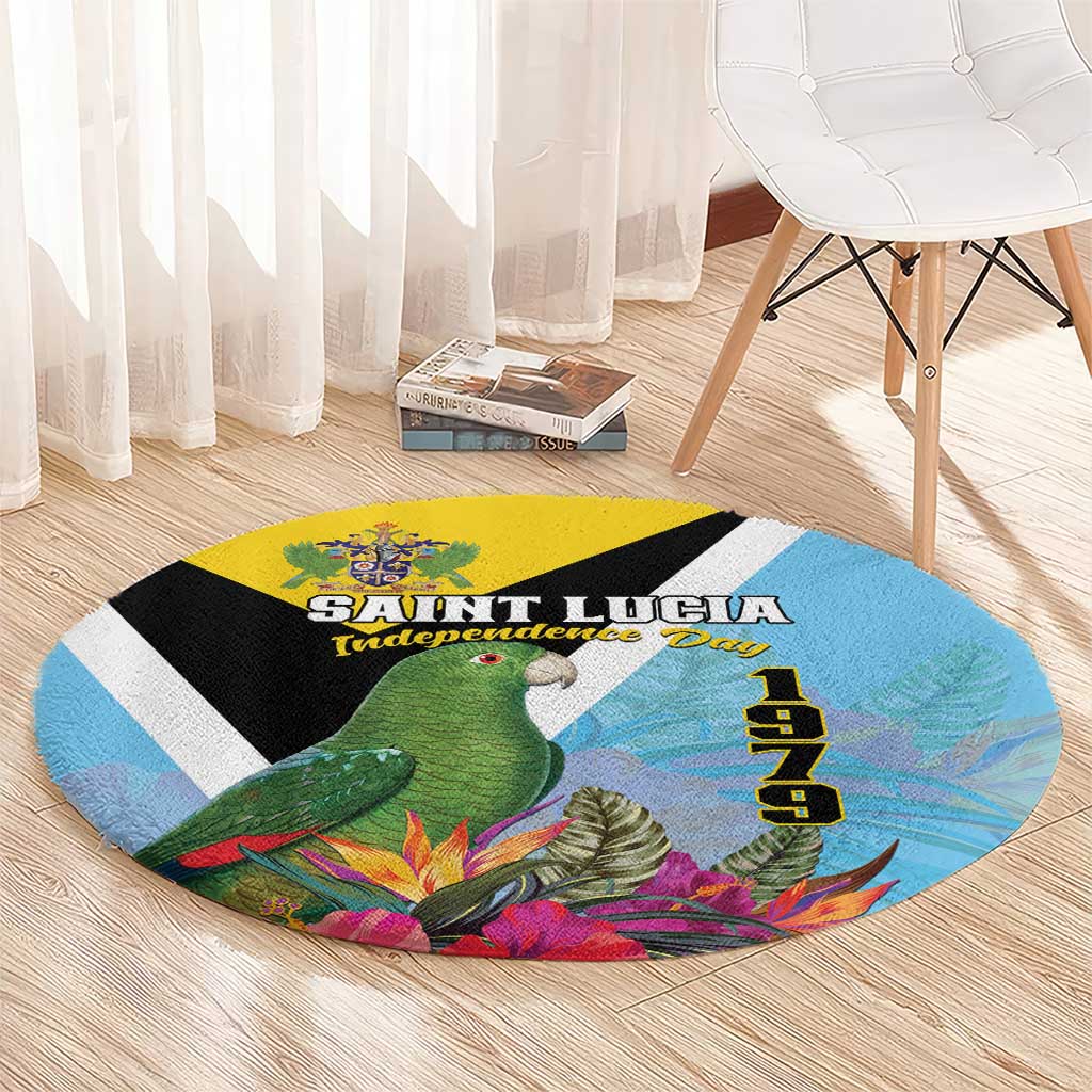 Round Independence Day tropical carpet with green parrot and bright flowers, blue yellow and black band