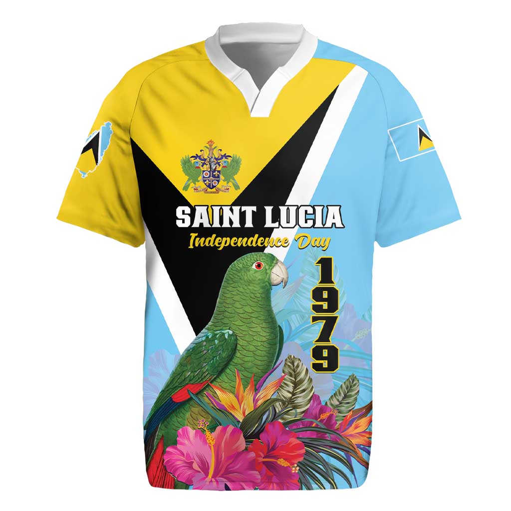 Personalized Saint Lucia Independence Day Rugby Jersey Tropical Amazona Versicolor - Wonder Print Shop