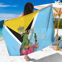 Sky blue sarong with Saint Lucia Independence Day graphic, parrot and floral print