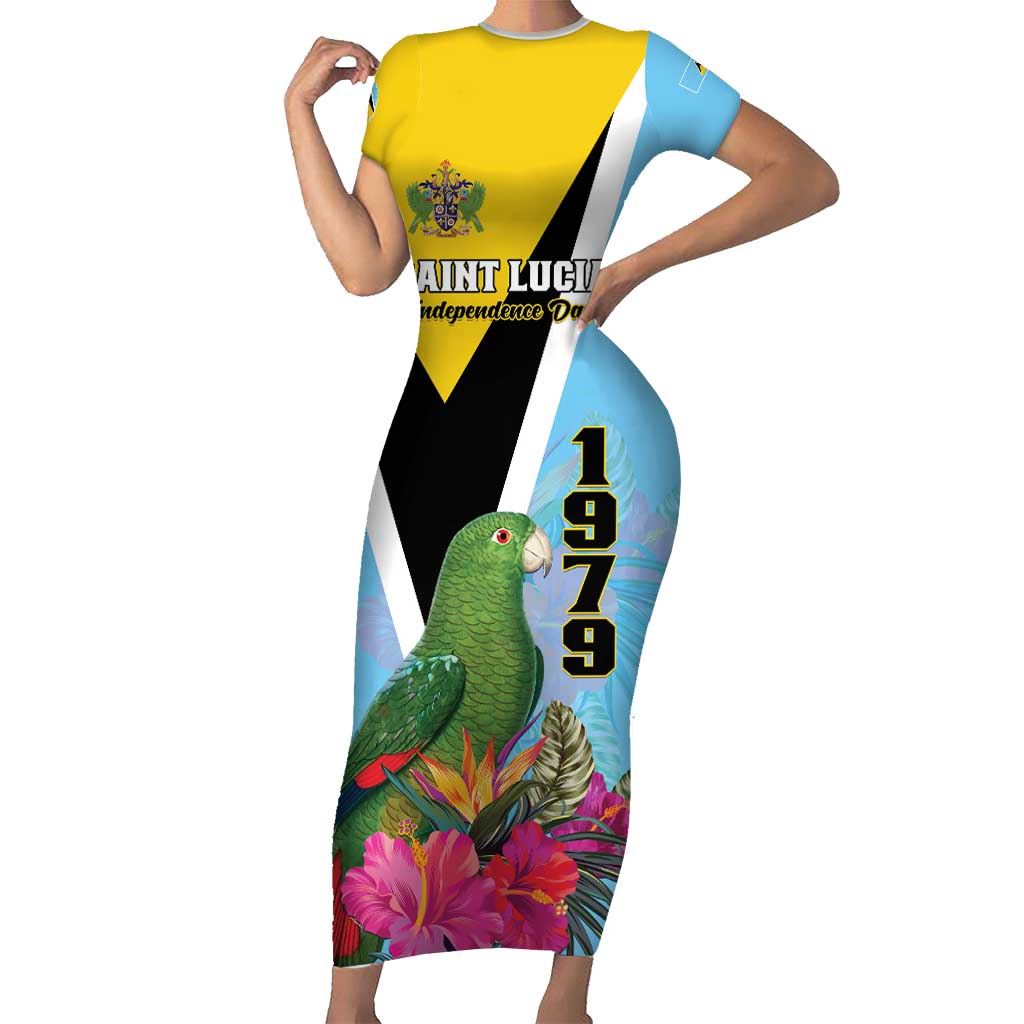 Personalized Saint Lucia Independence Day Short Sleeve Bodycon Dress Tropical Amazona Versicolor - Wonder Print Shop