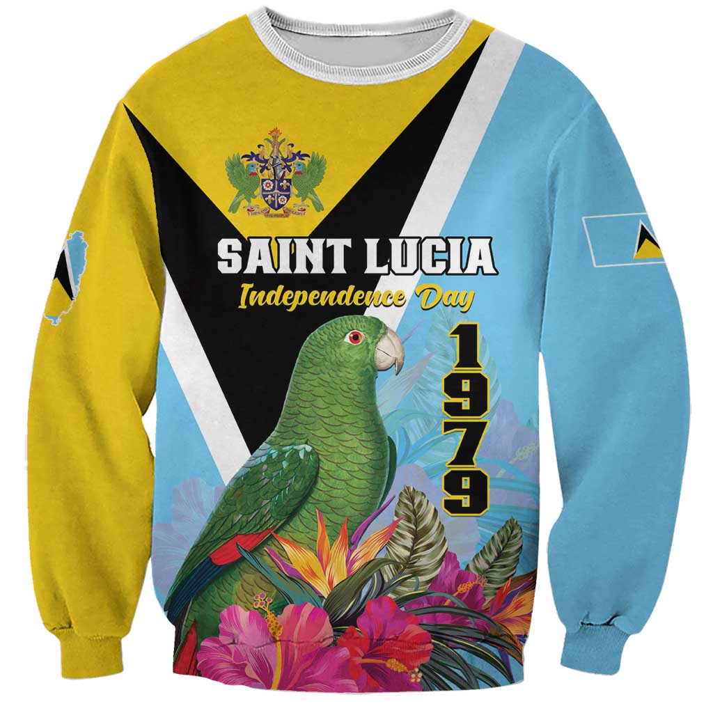Unisex sweatshirt in sky blue and yellow with 'Saint Lucia Independence Day 1979' parrot floral print