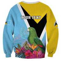 Unisex colorblock sweatshirt in sky blue and yellow with parrot, flowers, and 'YOUR TEXT' print