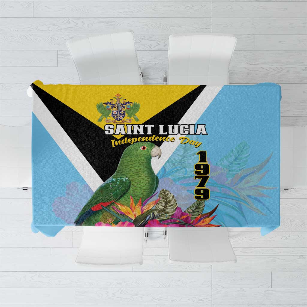 Sky blue tropical tablecloth with birds, flowers, and Saint Lucia Independence Day 1979 print