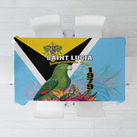 Sky blue tropical tablecloth with birds, flowers, and Saint Lucia Independence Day 1979 print