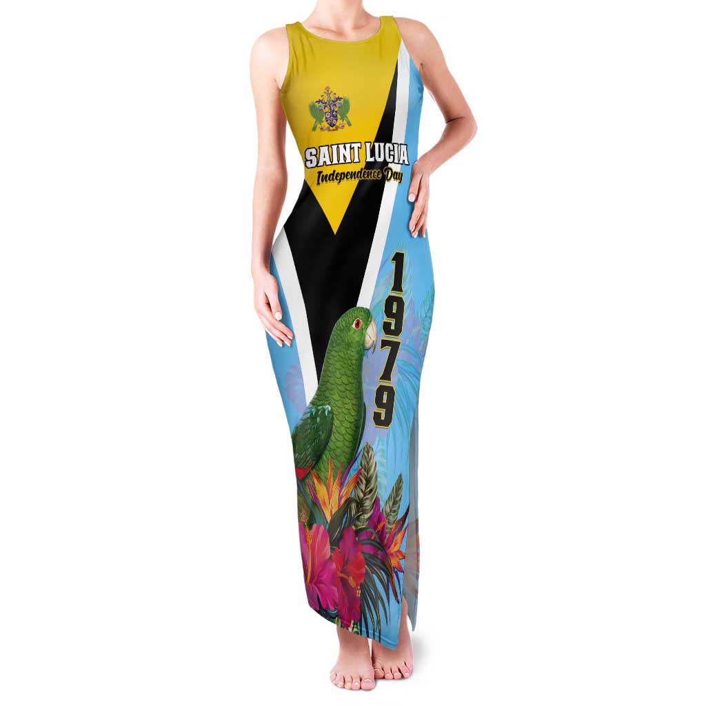 Personalized Saint Lucia Independence Day Tank Maxi Dress Tropical Amazona Versicolor - Wonder Print Shop