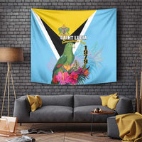 Sky blue tropical tapestry with Saint Lucia bird, flowers, and Independence Day text