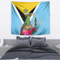 Sky blue tapestry with black-and-white triangle, parrot, colorful flowers, 1979