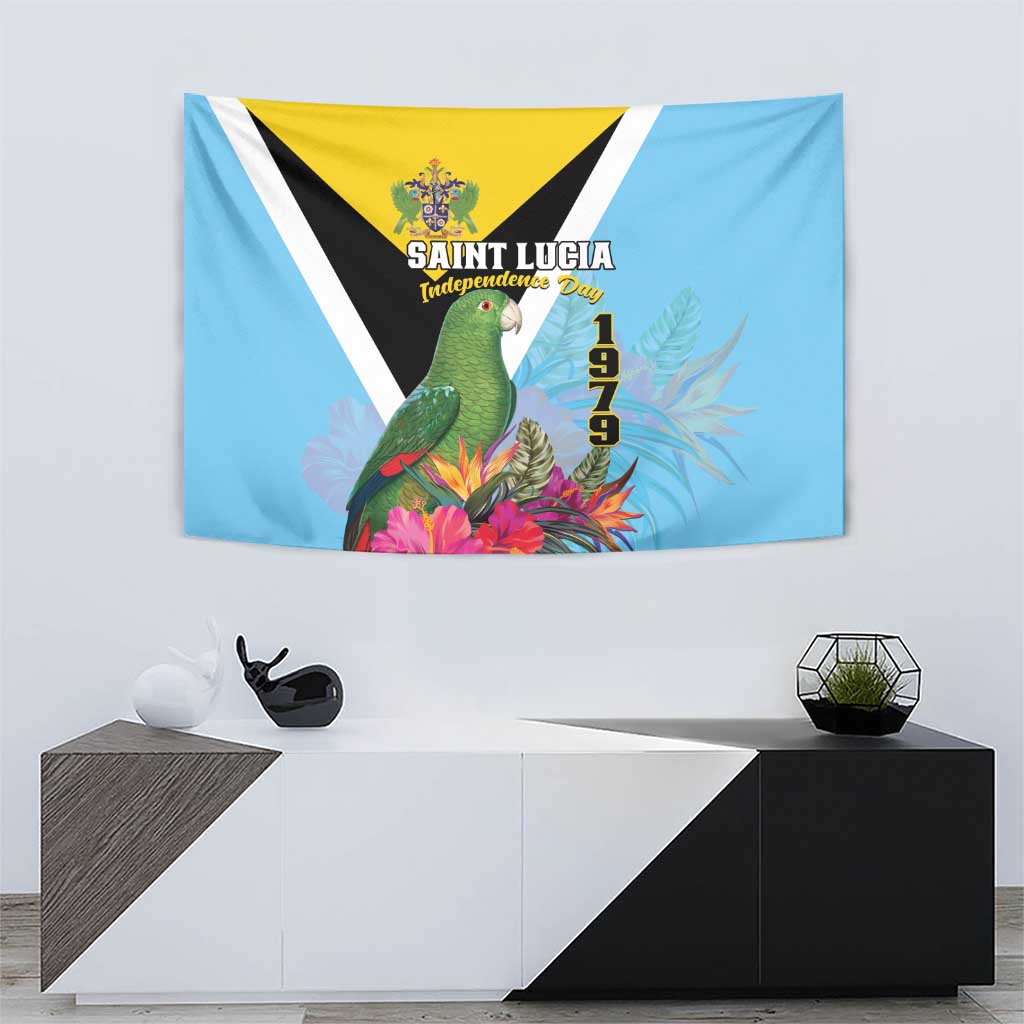 Sky blue wall tapestry with parrot, floral bouquet, Independence Day and 1979