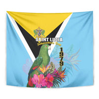 Sky blue tapestry with parrot, pink flowers, crest, and 1979 text