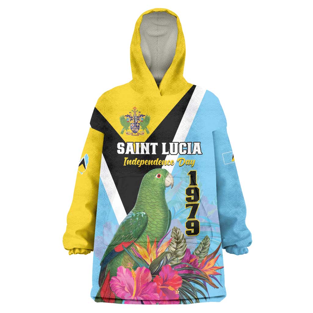 Personalized Saint Lucia Independence Day Wearable Blanket Hoodie Tropical Amazona Versicolor - Wonder Print Shop