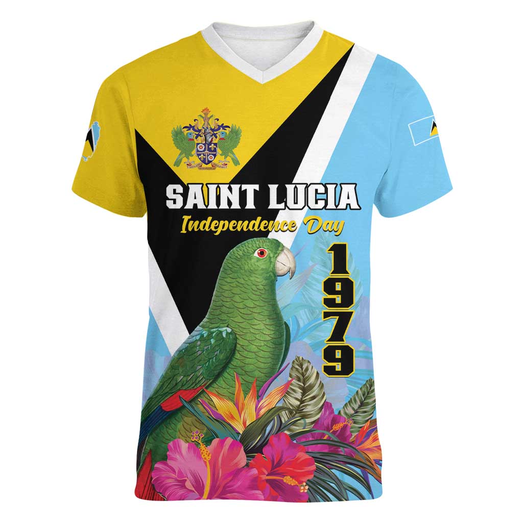 Personalized Saint Lucia Independence Day Women V-Neck T-Shirt Tropical Amazona Versicolor - Wonder Print Shop