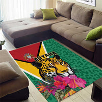 Green area rug featuring jaguar face, tropical flowers, and GUYANA word graphic