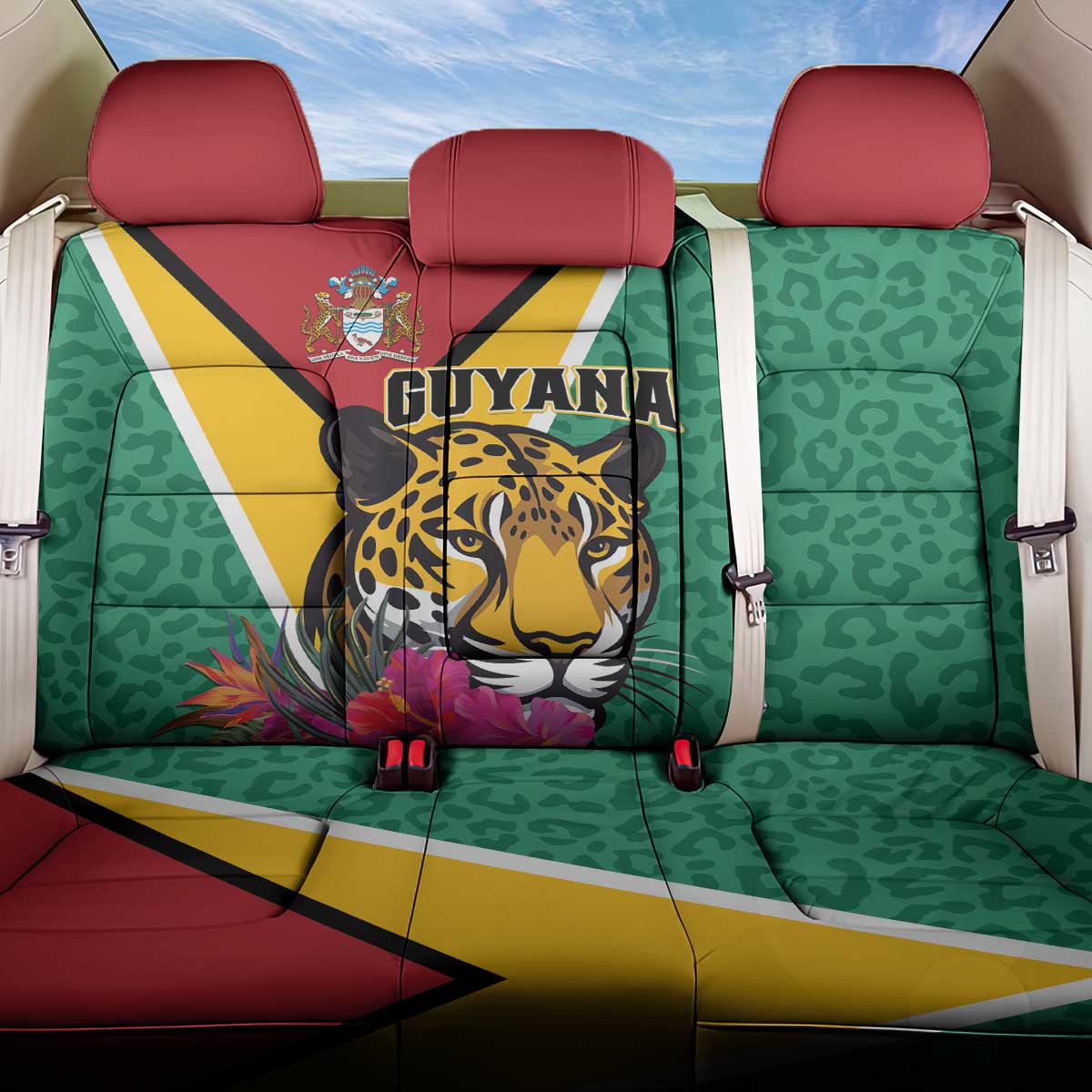 Guyana Back Car Seat Cover Jaguar Tropical Flowers