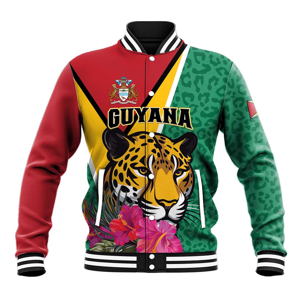 Green/red baseball jacket with jaguar print, tropical flowers, striped ribbed collar
