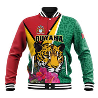 Green/red baseball jacket with jaguar print, tropical flowers, striped ribbed collar