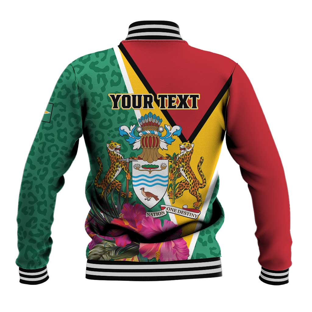 Back view of green/red baseball jacket with crest, jaguar artwork, striped ribbed hem