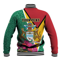Back view of green/red baseball jacket with crest, jaguar artwork, striped ribbed hem