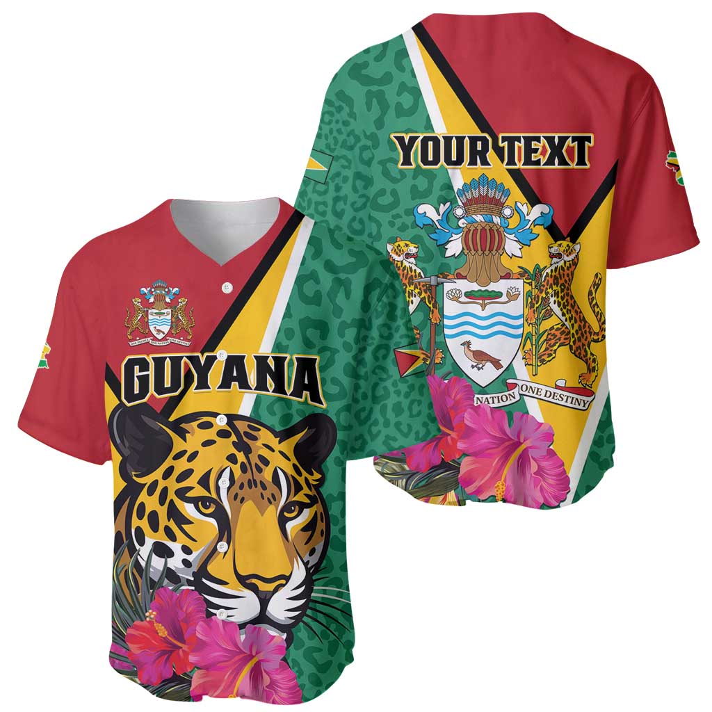 Guyana baseball jersey with front and back views, jaguar flowers and national crest