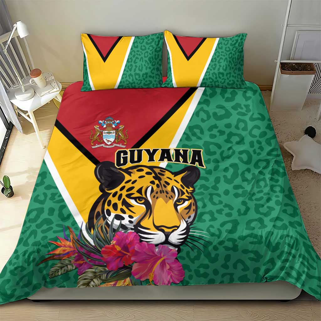 Green bedding set with jaguar portrait, flowers, and Guyana lettering on duvet