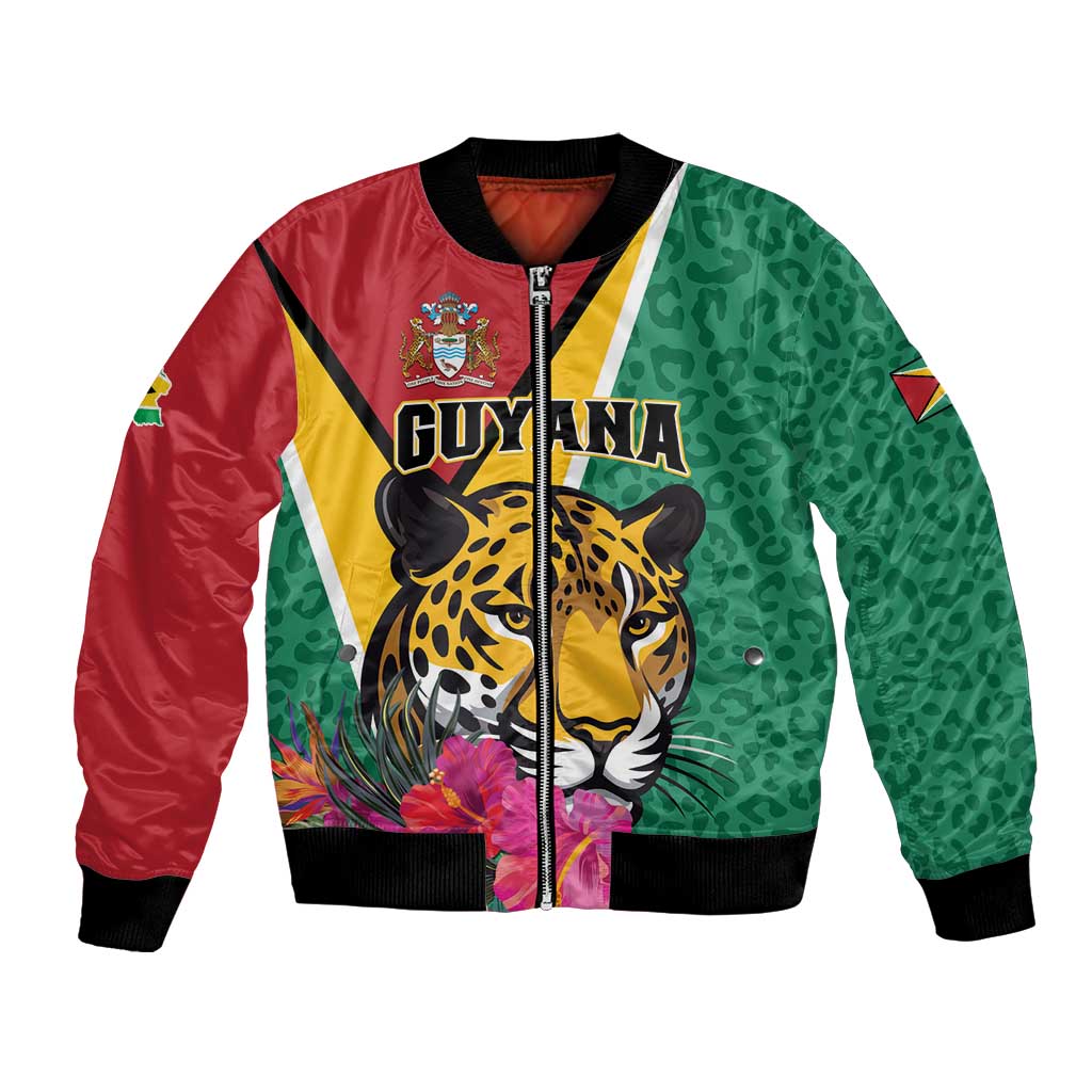 Green and red bomber jacket with jaguar and tropical flowers, front zipper, black rib trim