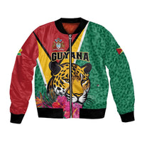Green and red bomber jacket with jaguar and tropical flowers, front zipper, black rib trim