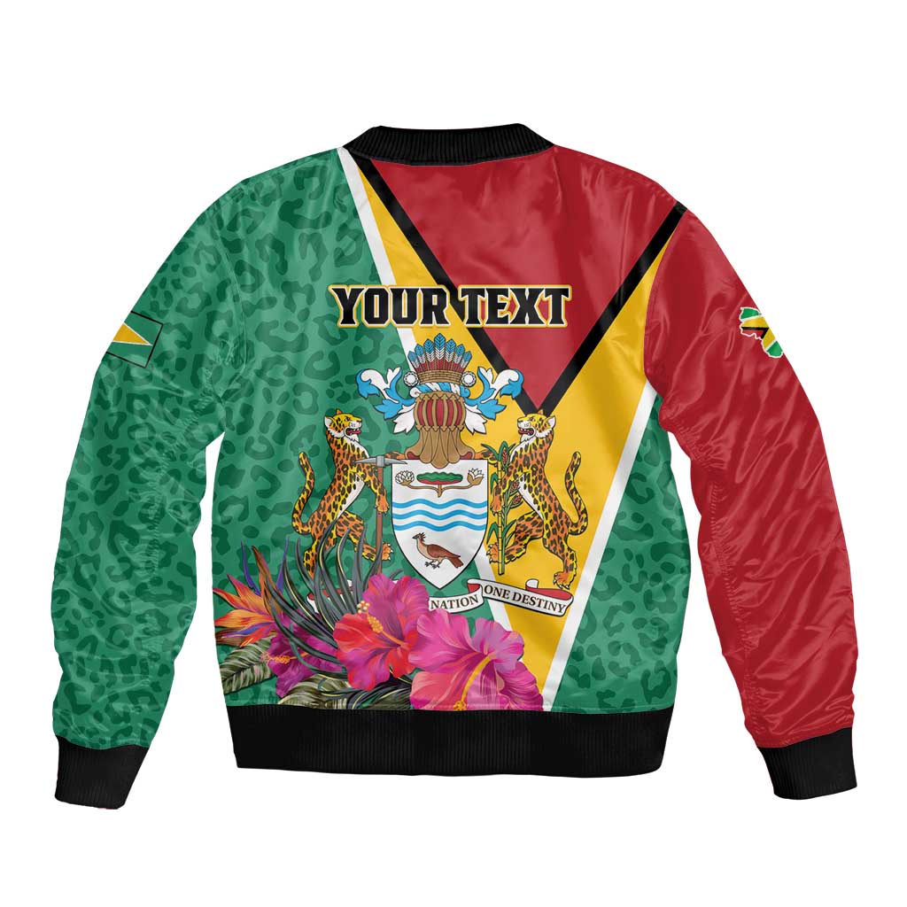 Red and green bomber jacket with jaguar crest and tropical flowers, front zipper, black rib trim