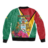 Red and green bomber jacket with jaguar crest and tropical flowers, front zipper, black rib trim