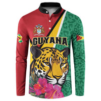 Guyana button sweatshirt with jaguar graphic, red/green panels, black collar and 3 buttons