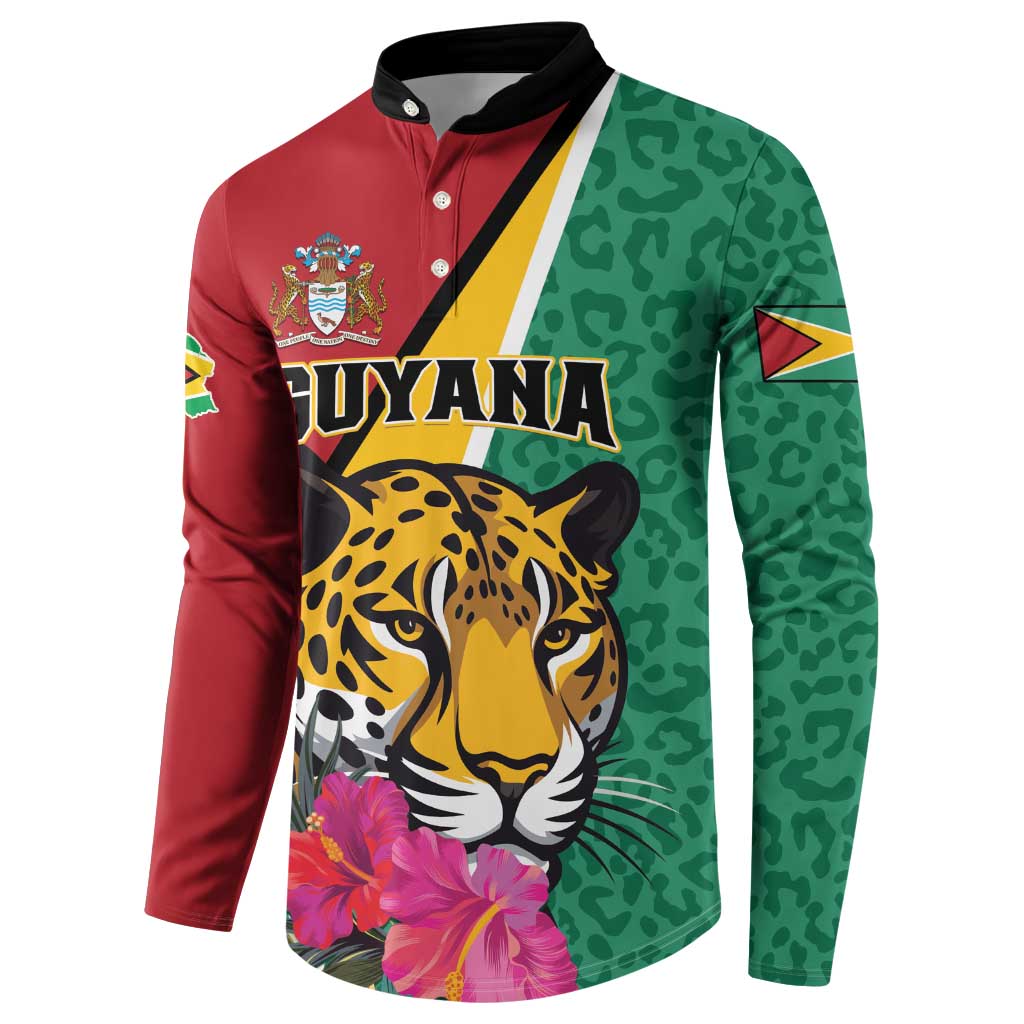 Guyana button sweatshirt with jaguar face and flowers, red/green long sleeves, black collar