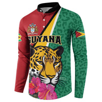 Guyana button sweatshirt with jaguar face and flowers, red/green long sleeves, black collar