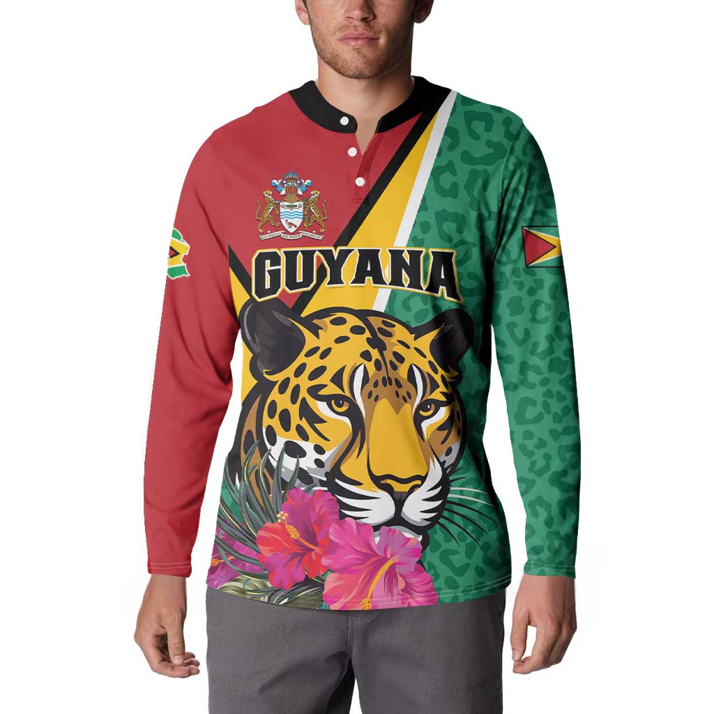 Guyana button sweatshirt with GUYANA text, jaguar head and pink flowers, red/green sleeves