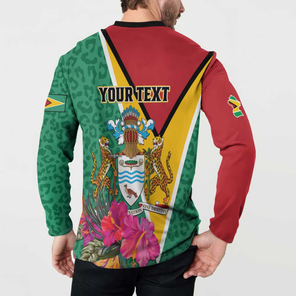 Guyana button sweatshirt back with YOURTEXT and coat of arms, red/green long sleeves