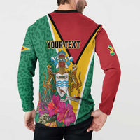 Guyana button sweatshirt back with YOURTEXT and coat of arms, red/green long sleeves