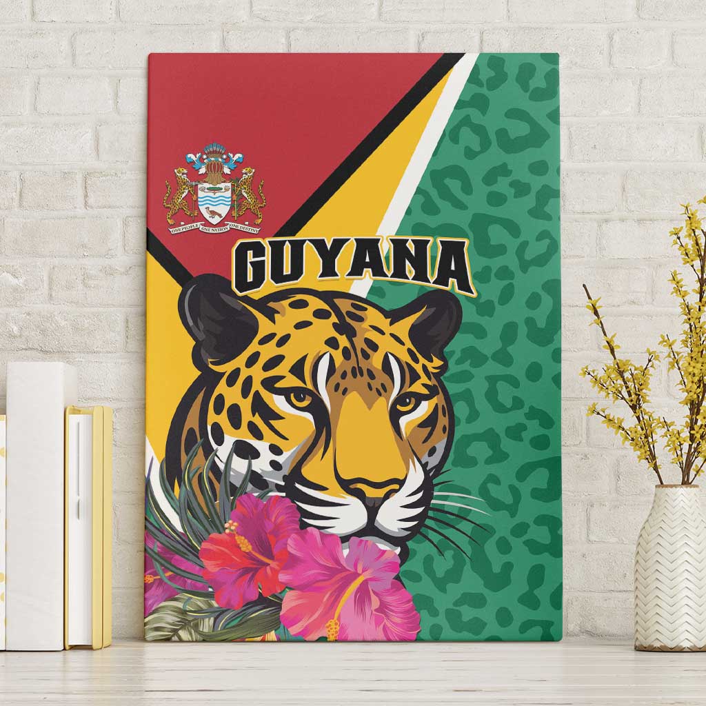 Green canvas wall art featuring a stylized jaguar portrait with pink flowers and tropical leaves