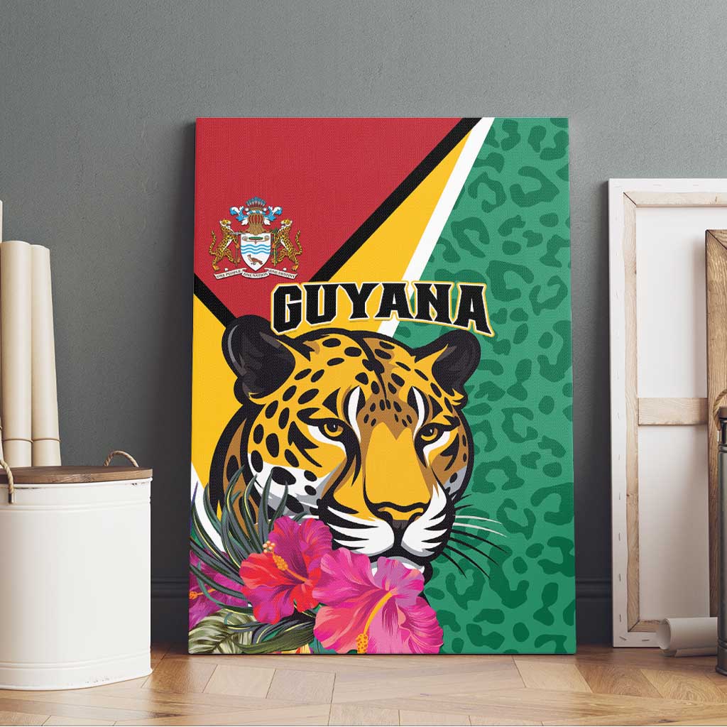 Framed-looking green canvas wall art featuring a jaguar head, pink flowers, and Guyana wordmark