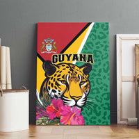 Framed-looking green canvas wall art featuring a jaguar head, pink flowers, and Guyana wordmark