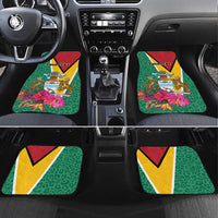 Green car floor mat set of 4 with Guyana crest, tropical flowers and red/yellow triangles