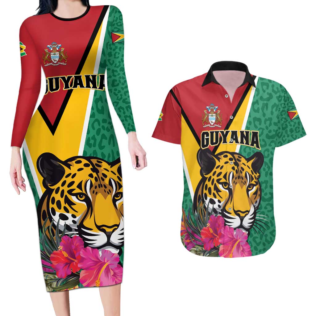 Personalized Guyana Couples Matching Long Sleeve Bodycon Dress and Hawaiian Shirt Jaguar Tropical Flowers