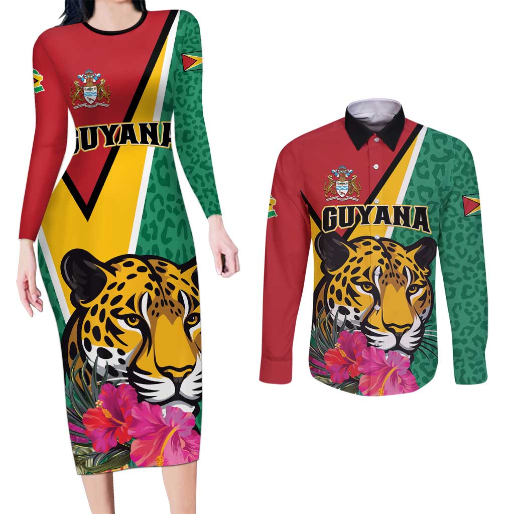 Personalized Guyana Couples Matching Long Sleeve Bodycon Dress and Long Sleeve Button Shirt Jaguar Tropical Flowers