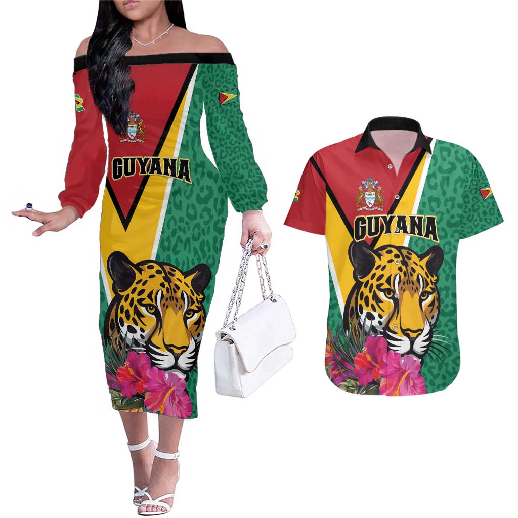 Personalized Guyana Couples Matching Off The Shoulder Long Sleeve Dress and Hawaiian Shirt Jaguar Tropical Flowers