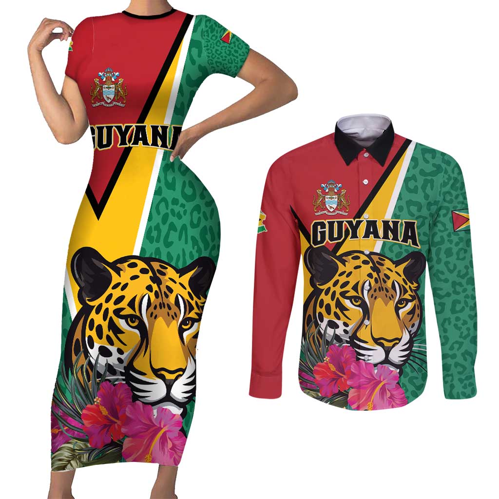 Personalized Guyana Couples Matching Short Sleeve Bodycon Dress and Long Sleeve Button Shirt Jaguar Tropical Flowers