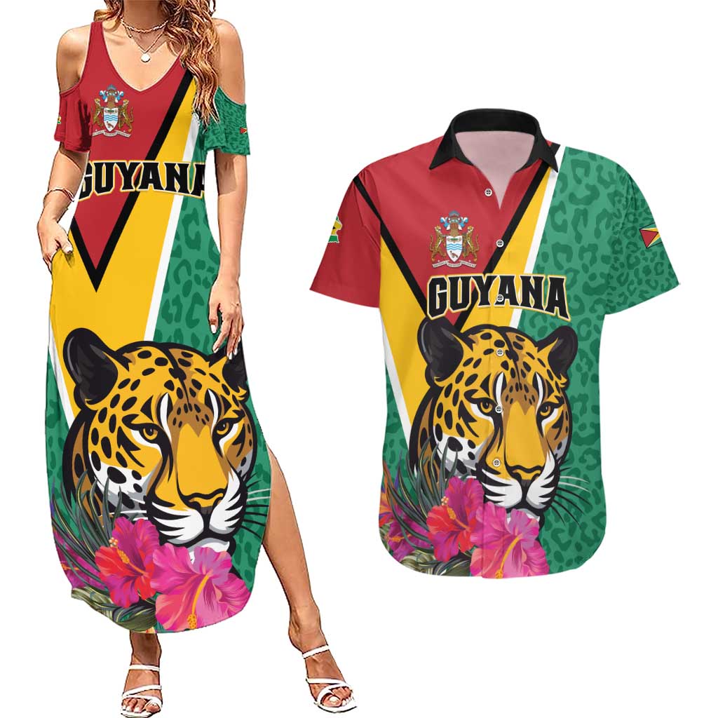 Personalized Guyana Couples Matching Summer Maxi Dress and Hawaiian Shirt Jaguar Tropical Flowers