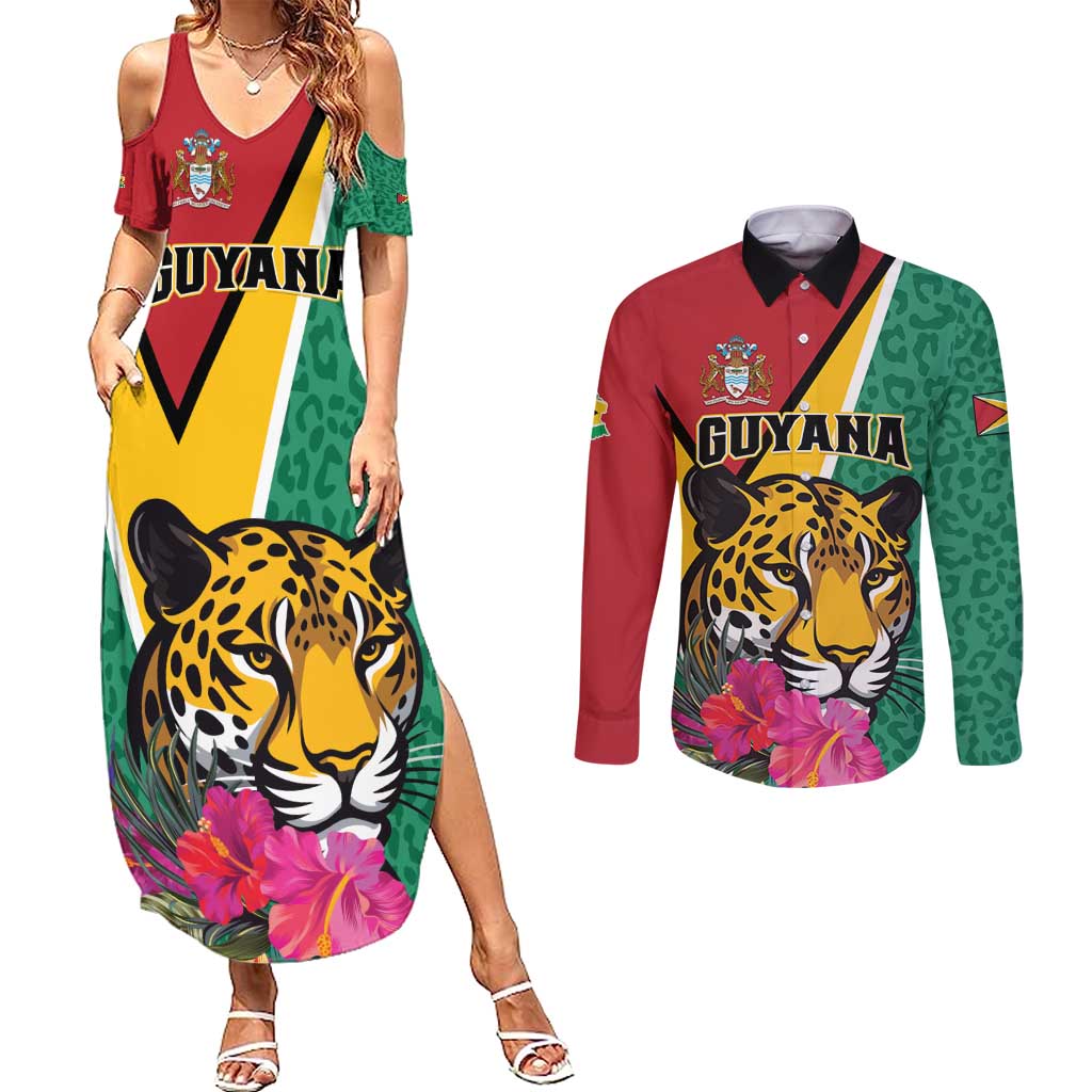 Personalized Guyana Couples Matching Summer Maxi Dress and Long Sleeve Button Shirt Jaguar Tropical Flowers