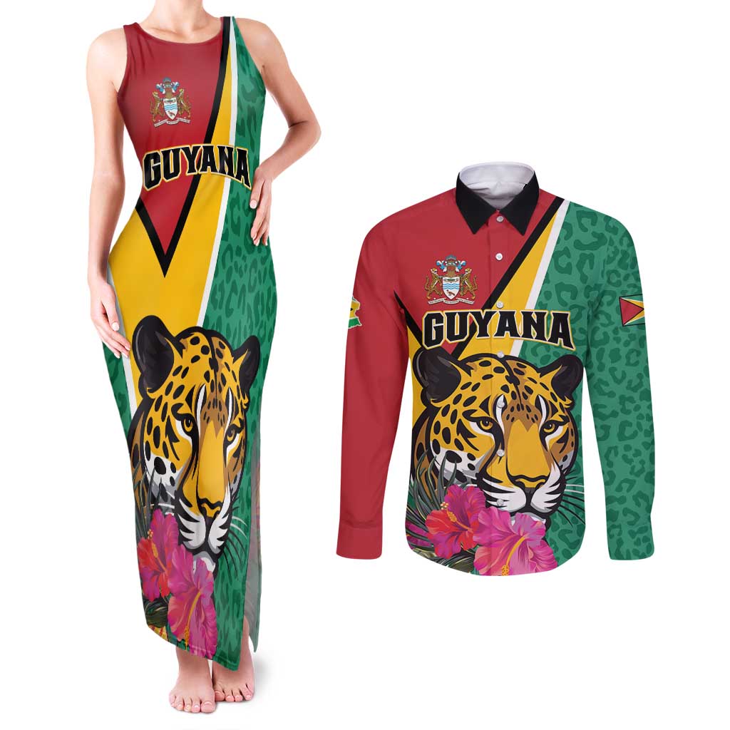 Personalized Guyana Couples Matching Tank Maxi Dress and Long Sleeve Button Shirt Jaguar Tropical Flowers