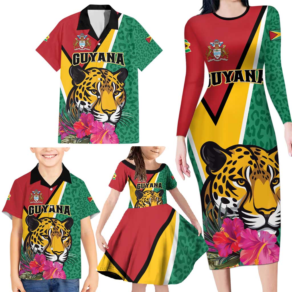 Personalized Guyana Family Matching Long Sleeve Bodycon Dress and Hawaiian Shirt Jaguar Tropical Flowers