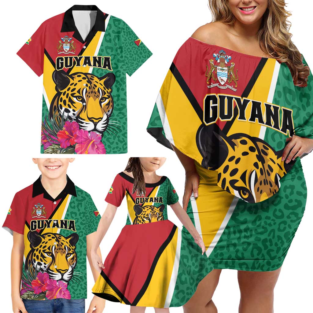 Personalized Guyana Family Matching Off Shoulder Short Dress and Hawaiian Shirt Jaguar Tropical Flowers