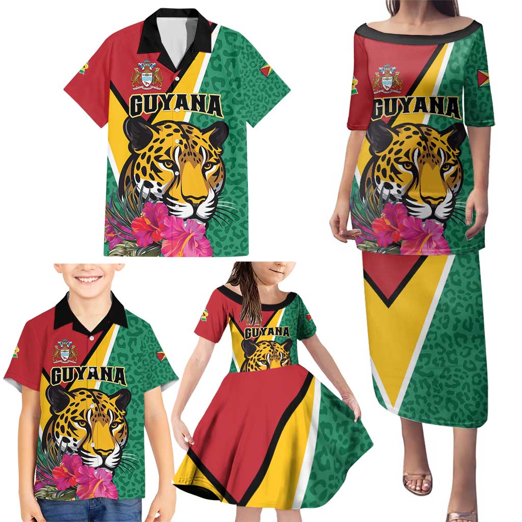 Personalized Guyana Family Matching Puletasi and Hawaiian Shirt Jaguar Tropical Flowers