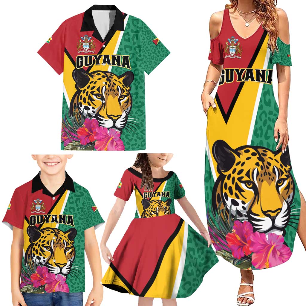 Personalized Guyana Family Matching Summer Maxi Dress and Hawaiian Shirt Jaguar Tropical Flowers