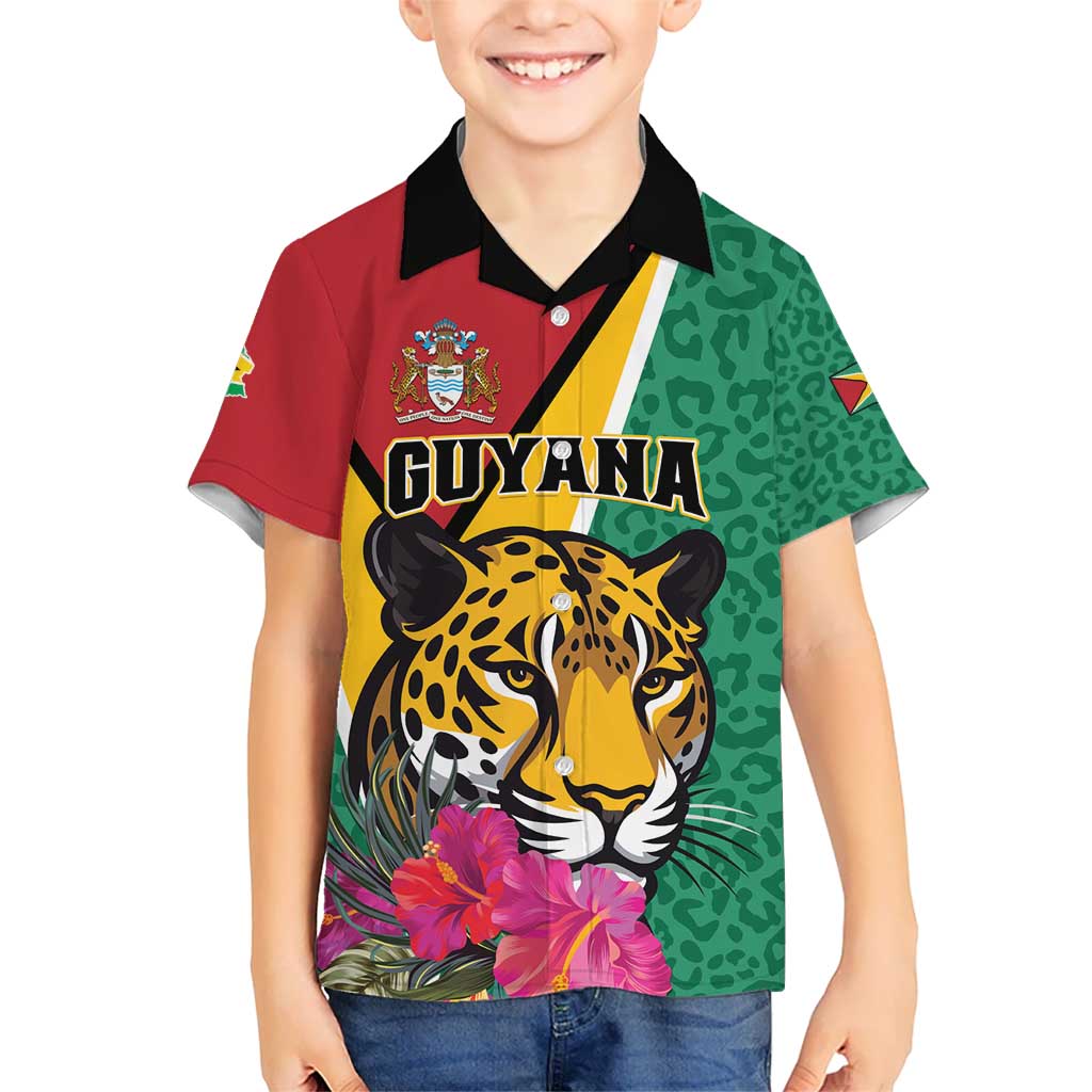 Personalized Guyana Kid Hawaiian Shirt Jaguar Tropical Flowers