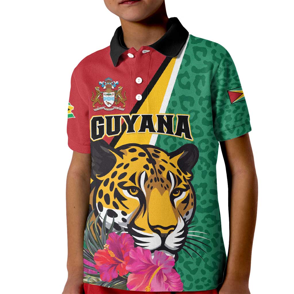 Personalized Guyana Kid Polo Shirt Jaguar Tropical Flowers